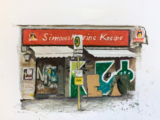 Simones Kleine Kneipe_Buntstifte, Wachskreide, Öl auf Papier 30x40cm 480€